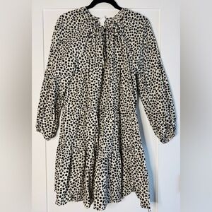 H&M Ditsy Floral Print Prairie Long Puff Sleeve Beige Black Cotton Dress Size M